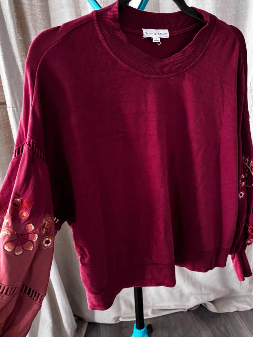 Coco + Jaimeson Burgundy Embroidered Sleeve Sweatshirt - Picture 2 of 7